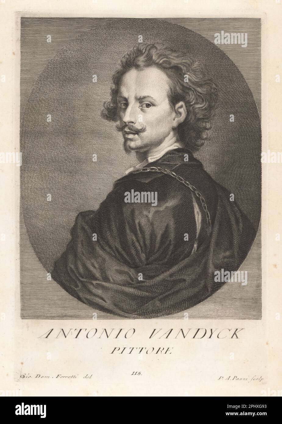Sir Anthony van Dyck, Flemish Baroque artist who became the leading court painter in England after success in the Spanish Netherlands and Italy, 1599-1641. Antonio Vandyck, Pittore. Copperplate engraving by Pietro Antonio Pazzi after Giovanni Domenico Ferretti after a self portrait by the artist from Francesco Moucke's Museo Florentino (Museum Florentinum), Serie di Ritratti de Pittori (Series of Portraits of Painters) stamperia Mouckiana, Florence, 1752-62. Stock Photo