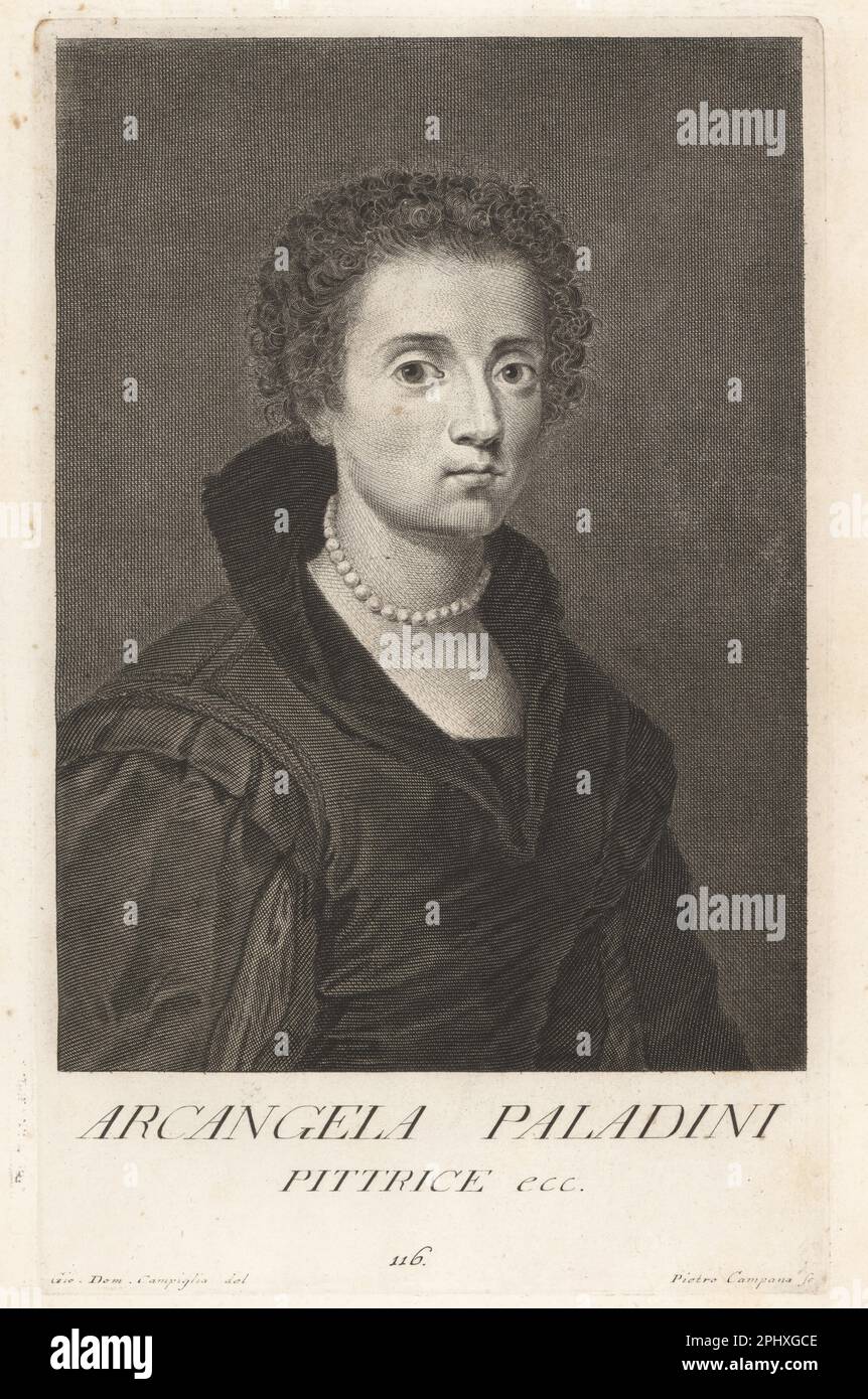 Arcangela Paladini or Arcangiola Palladini, Italian painter and embroiderer, singer and poet, 1599-1622. Daughter of portrait painter Filippo Paladini. Pittrice. Copperplate engraving by Pietro Antonio Pazzi after Giovanni Domenico Campiglia after a self portrait by the artist from Francesco Moucke's Museo Florentino (Museum Florentinum), Serie di Ritratti de Pittori (Series of Portraits of Painters) stamperia Mouckiana, Florence, 1752-62. Stock Photo