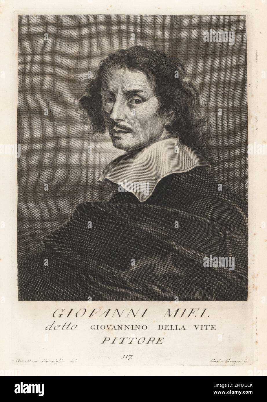 Jan Miel, Flemish painter and etcher who was active in Italy, 1599-1664. Giovanni Miel, detto Giovannino della Vite, Pittore. Copperplate engraving by Carlo Gregori after Giovanni Domenico Campiglia after a self portrait by the artist from Francesco Moucke's Museo Florentino (Museum Florentinum), Serie di Ritratti de Pittori (Series of Portraits of Painters) stamperia Mouckiana, Florence, 1752-62. Stock Photo