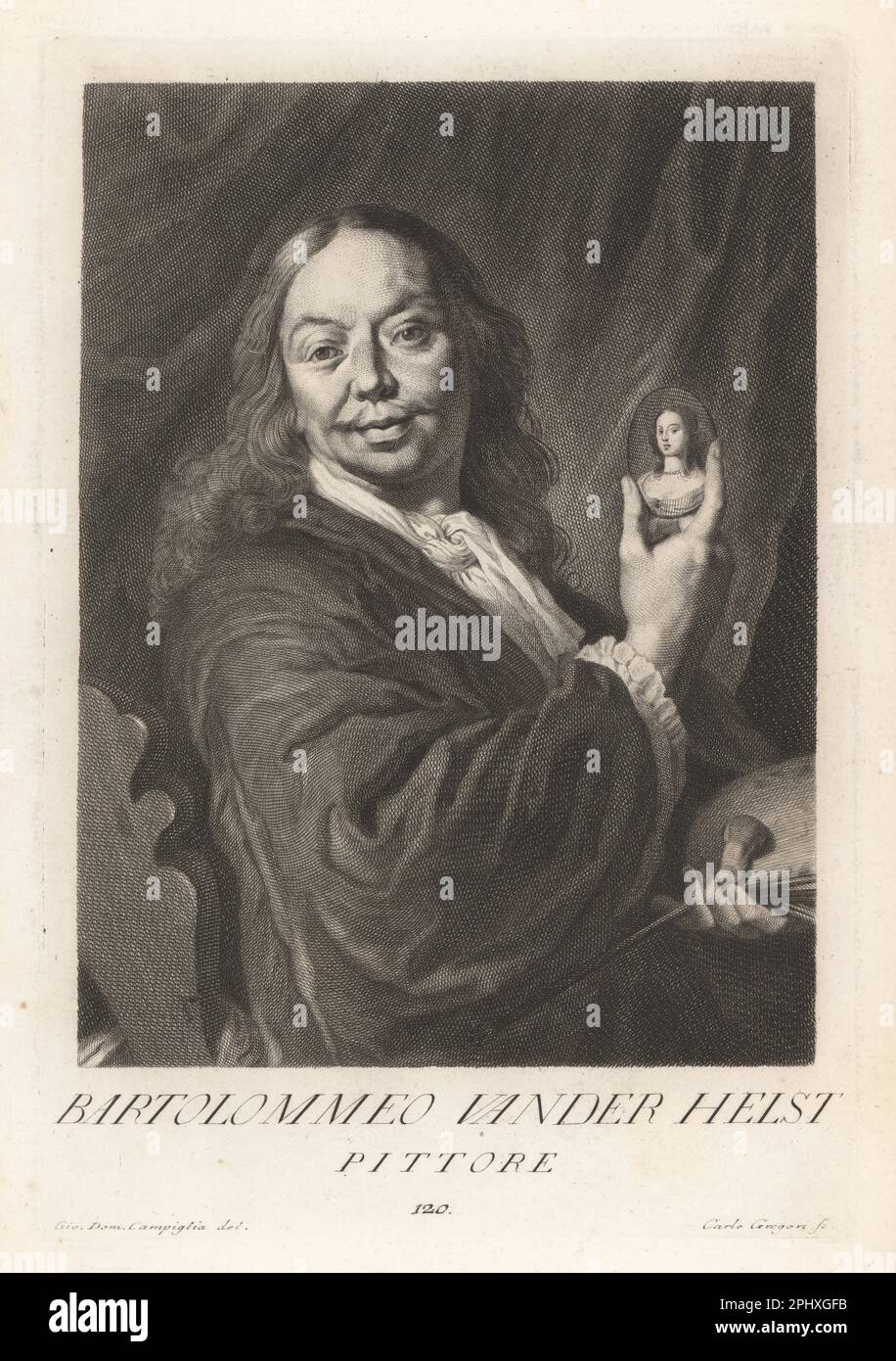 Bartholomeus van der Helst, Dutch painter, 1613-1670. One of the leading portrait painters of the Dutch Golden Age. Self portrait with paint brush and palette, holding a miniature portrait. Bartolommeo Vander Heist, Pittore. Copperplate engraving by Carlo Gregori after Giovanni Domenico Campiglia after a self portrait by the artist from Francesco Moucke's Museo Florentino (Museum Florentinum), Serie di Ritratti de Pittori (Series of Portraits of Painters) stamperia Mouckiana, Florence, 1752-62. Stock Photo