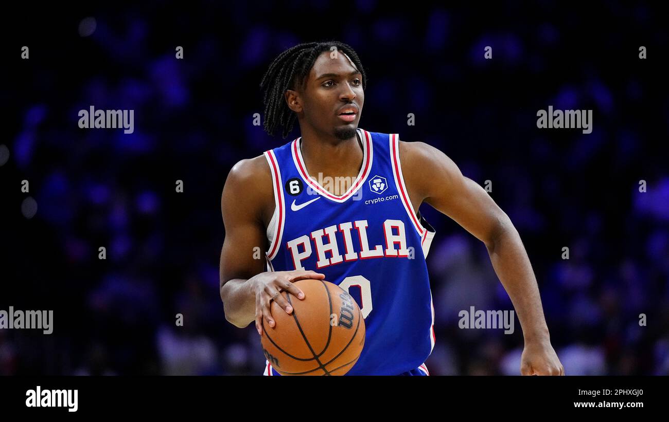 Philadelphia 76ers' Tyrese Maxey plays during an NBA basketball game, Wednesday, March 29, 2023