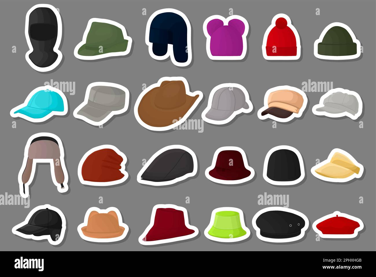 Illustration on theme big kit different types hats, beautiful caps in white background, caps pattern consisting of collection various hats for wearing Stock Vector