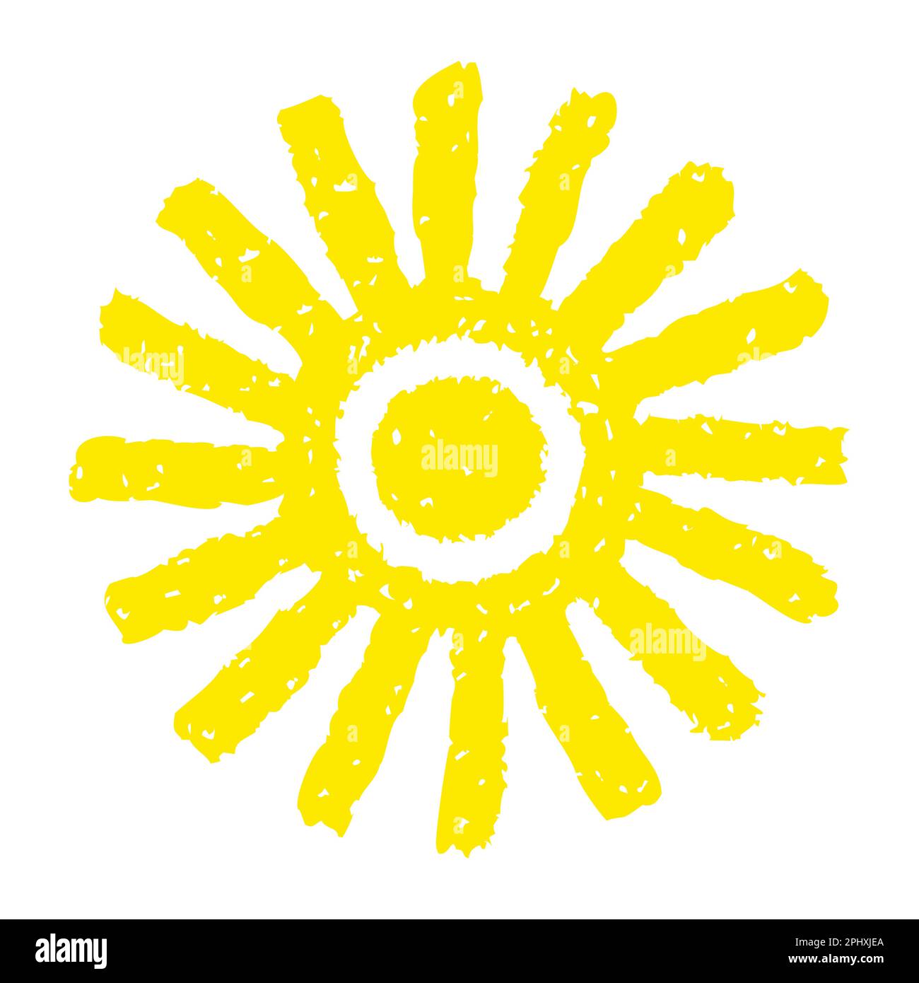 Hand painted sun symbol, hand drawn with crayon, isolated on white