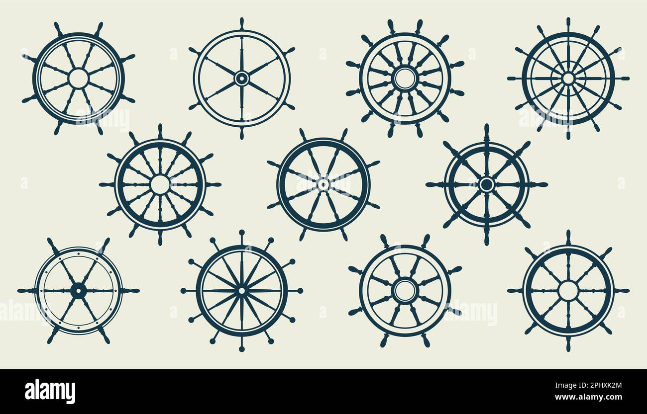 Collection of vintage steering wheels. Ship, yacht retro wheel symbol ...