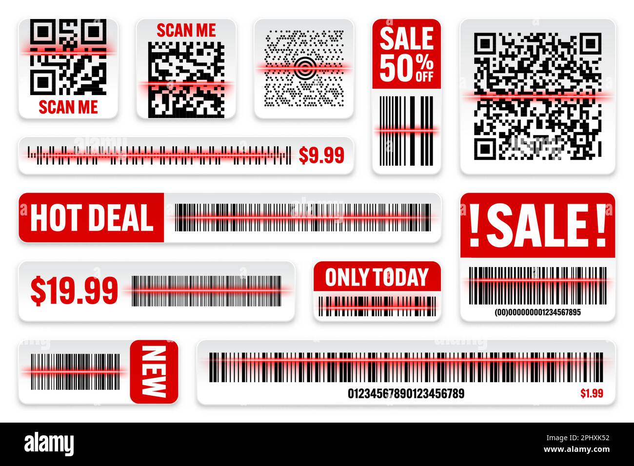 Product barcodes and QR codes with red scanning line. Sale stickers