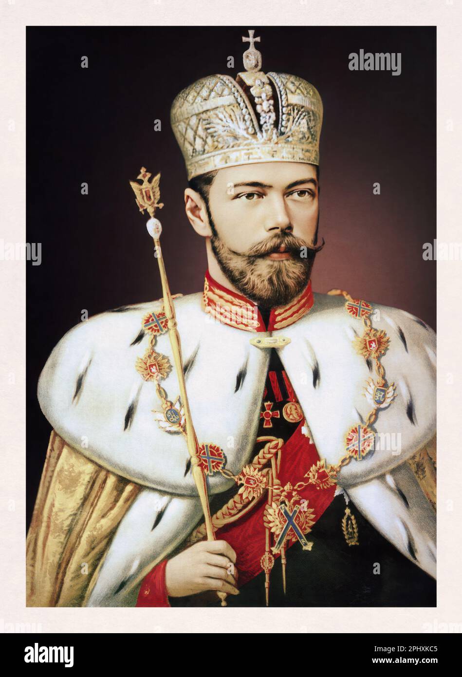 Portrait of Nicholas II of Russia in his coronation robe with Imperial Crown and Sceptre painted in 1896 by Aleksandr Makovsky. Stock Photo
