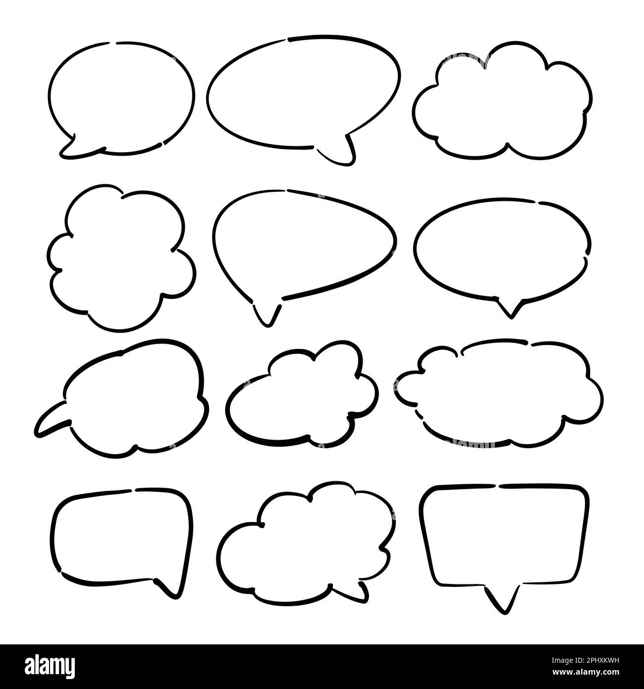 Speech symbol talk and thinking. Bubble with clouds thin line set. Stock Vector