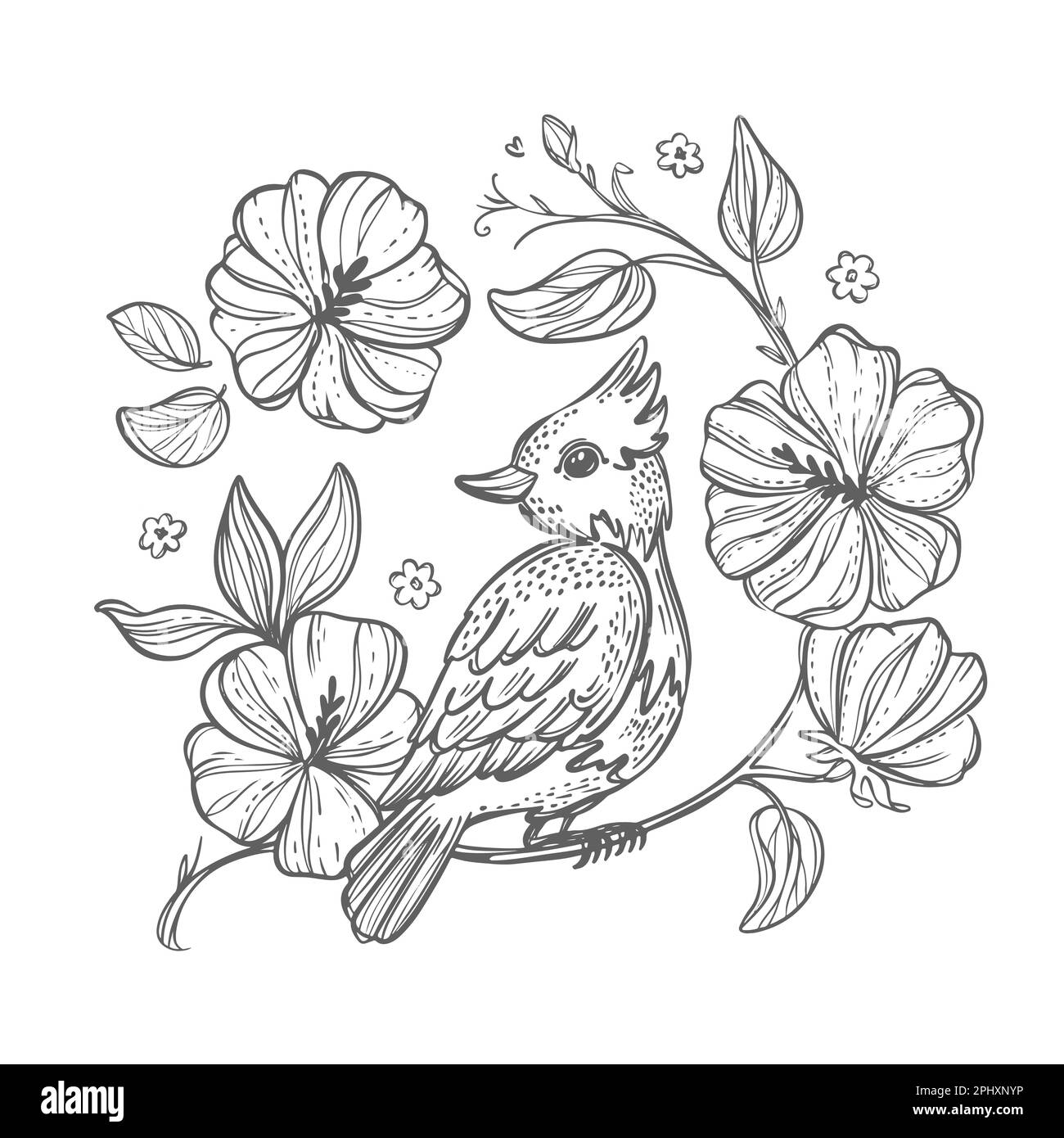 BIRD HAND DRAWN Sits On A Branch With Blooming Flowers Monochrome Hand Drawn Sketch In Chinese Style Coloring Page Nature Vector Illustration For Prin Stock Vector