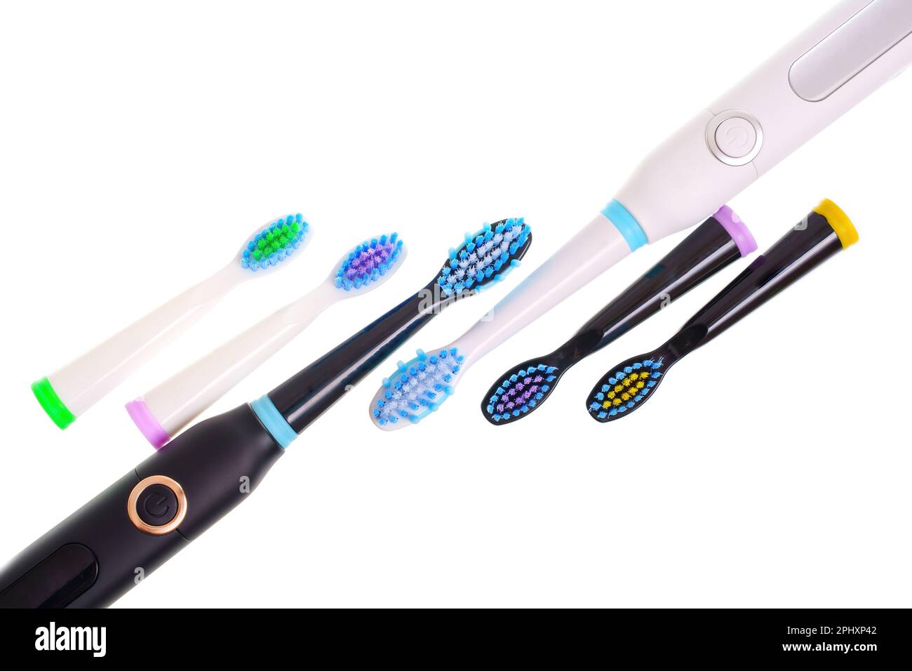 Black and white electric toothbrushes, by a set of color