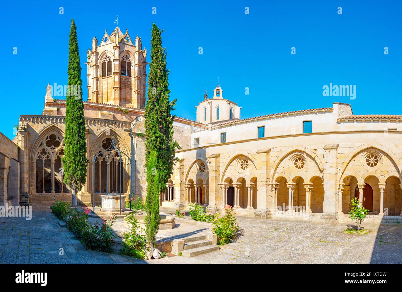 Cloister of cistercian monastery of Santa Maria of Vallbona de les Monges, Spain. Stock Photo