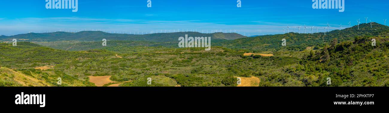Wind turbines near Olite, Spain. Stock Photo