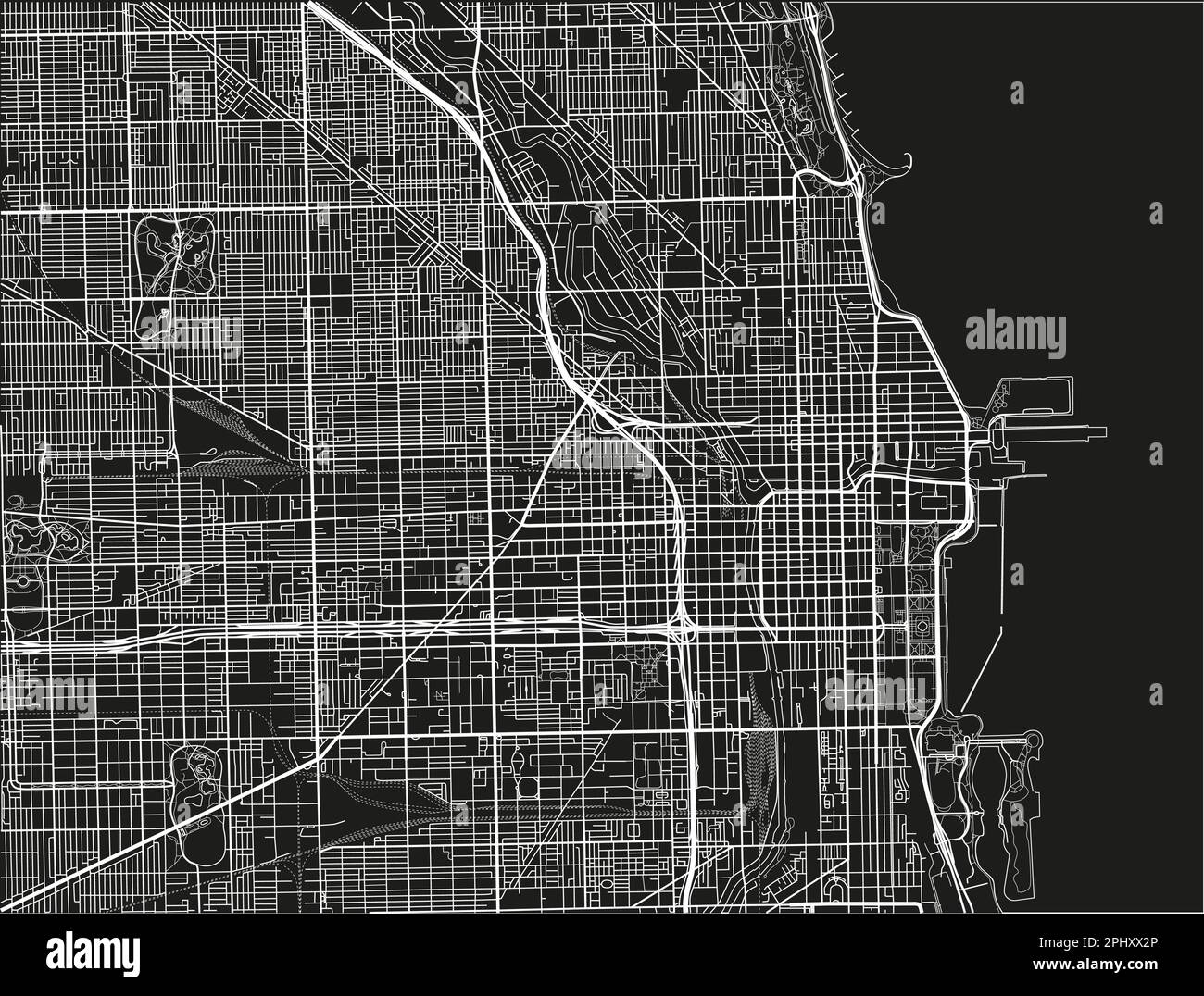 Black and white vector city map of Chicago with well organized separated layers. Stock Vector