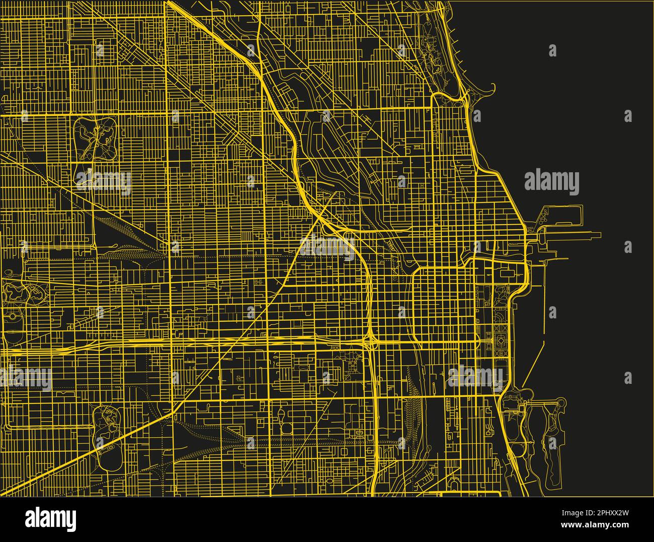 Black and yellow vector city map of Chicago with well organized separated layers. Stock Vector