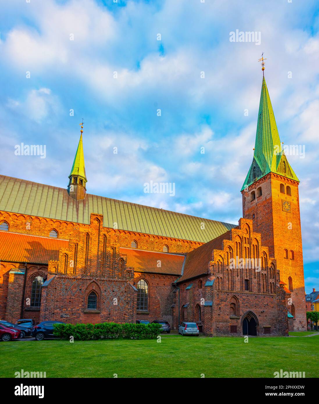 Sunset view of Saint Olaf church in Helsingor, Denmark. Stock Photo