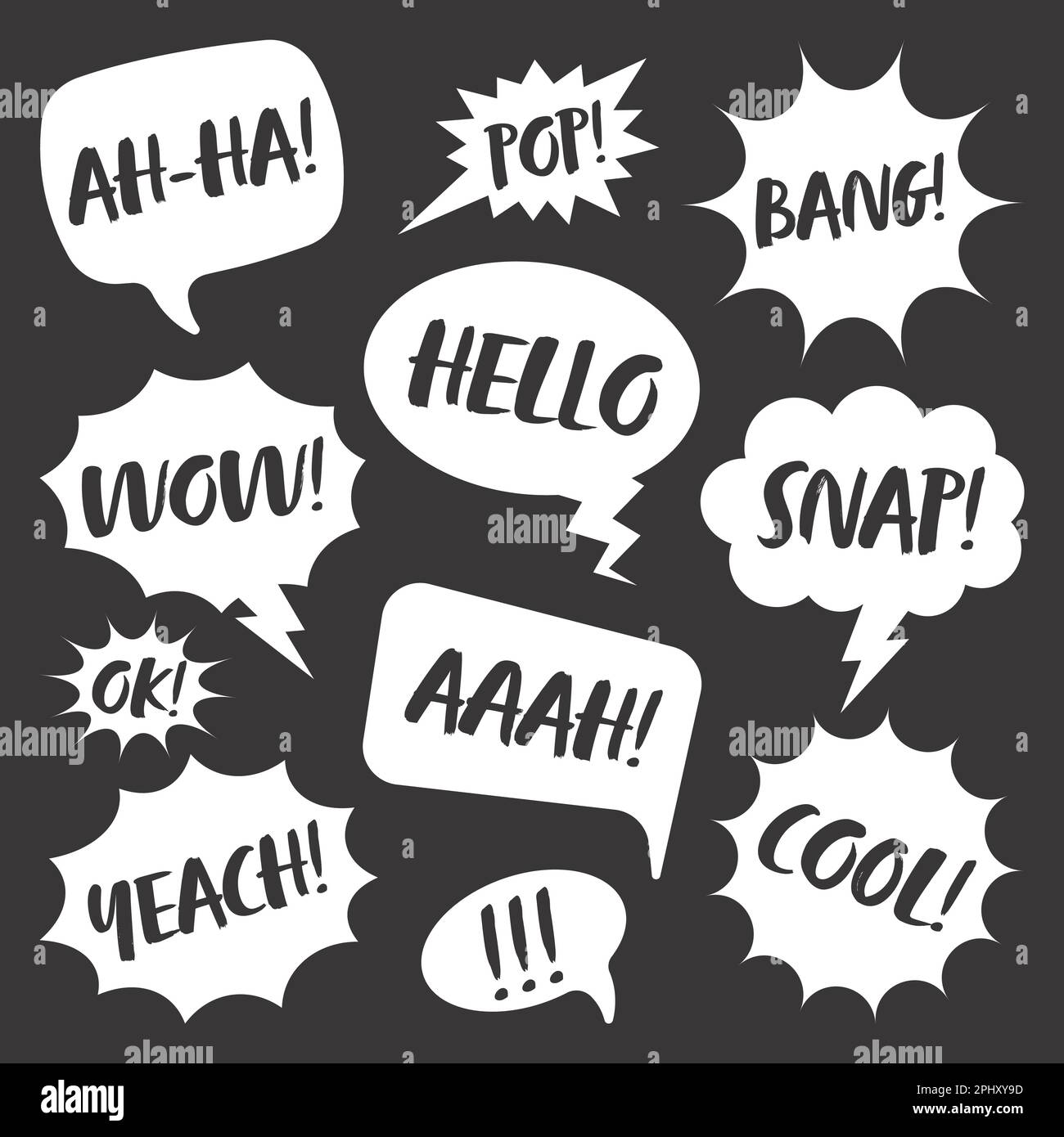 White comic speech bubbles with handwritten text on dark background ...