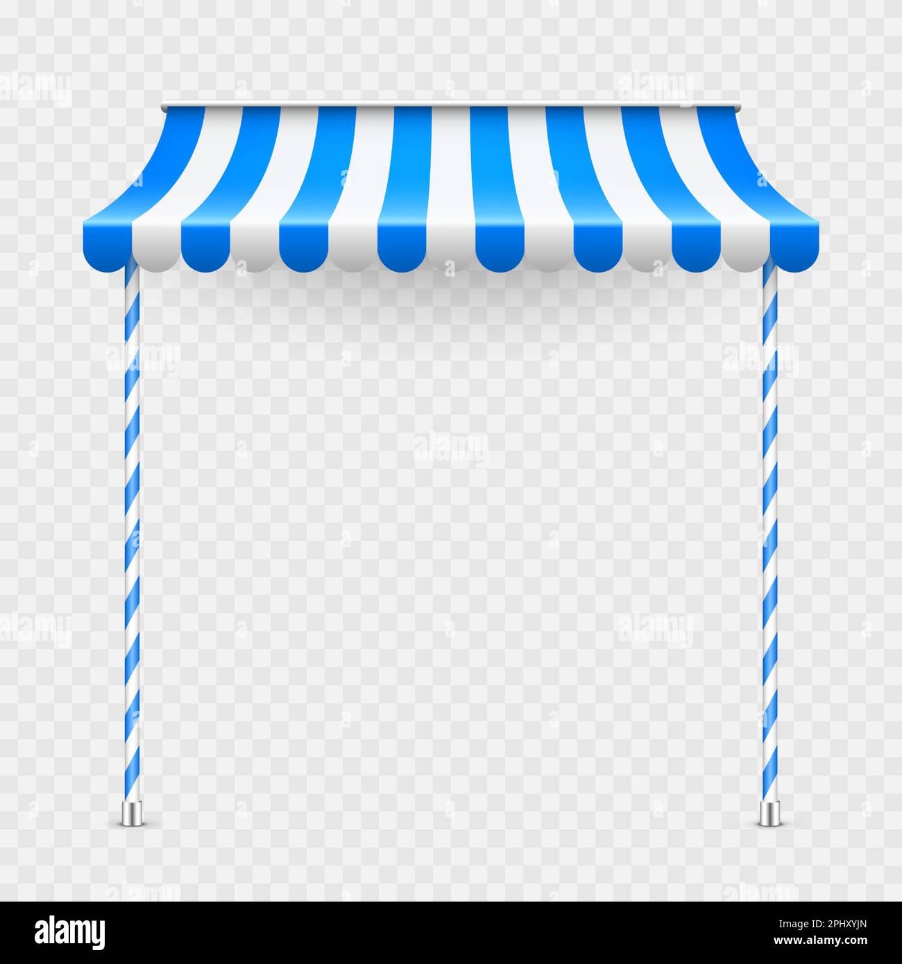 Blue shop sunshade with stand holders. Realistic striped cafe awning ...