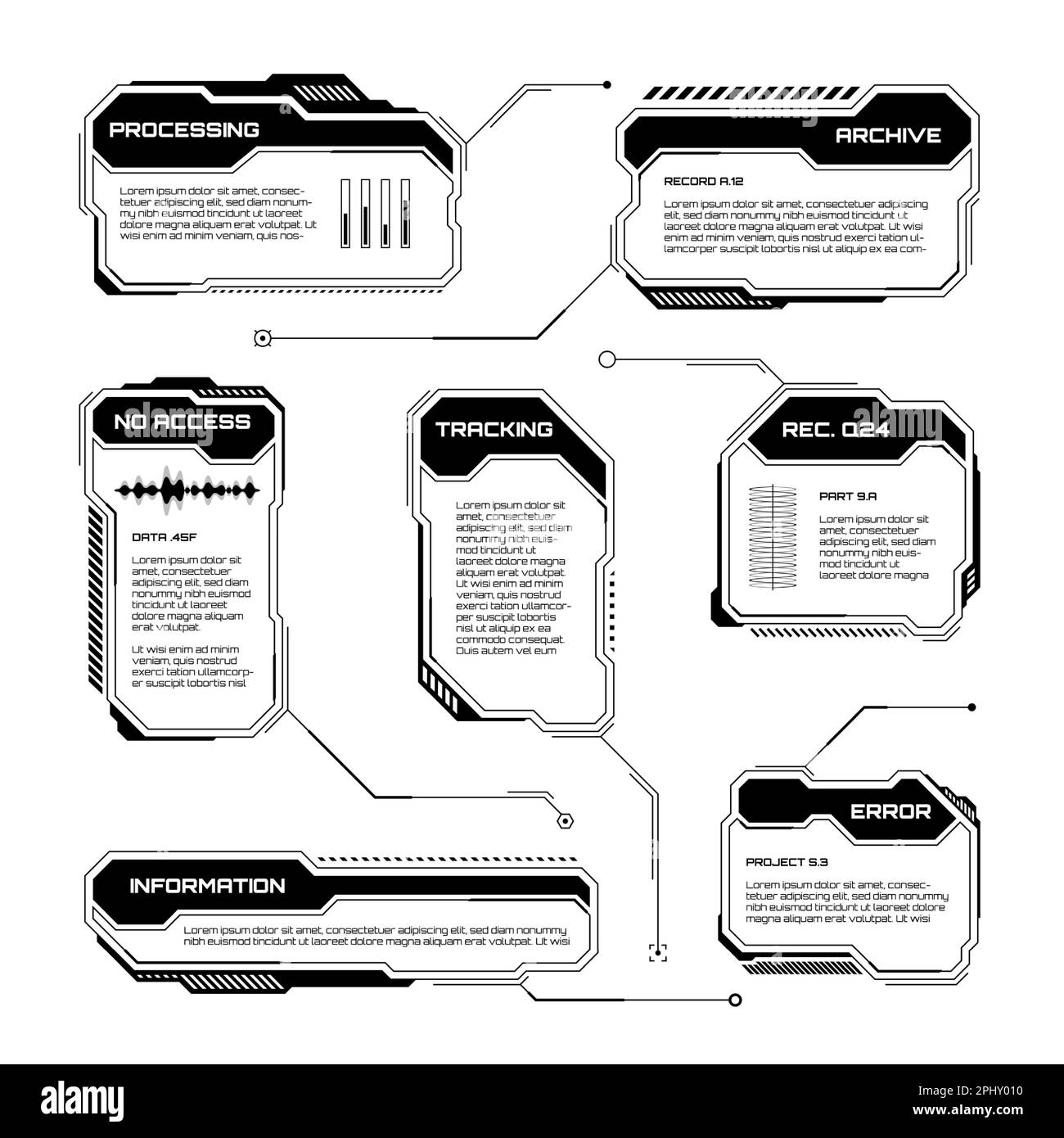 Black futuristic HUD, UI elements. Sci-fi user interface text boxes ... image.