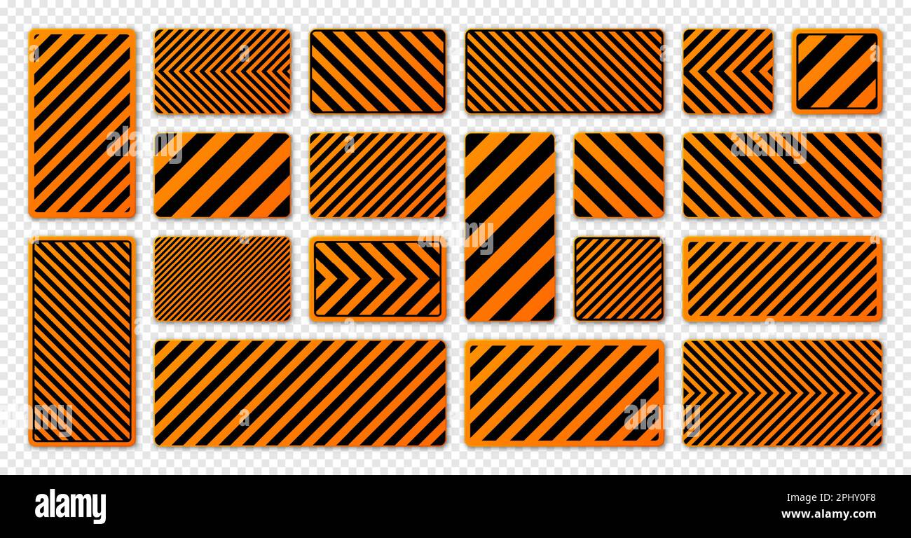 Various black and orange warning signs with diagonal lines. Attention