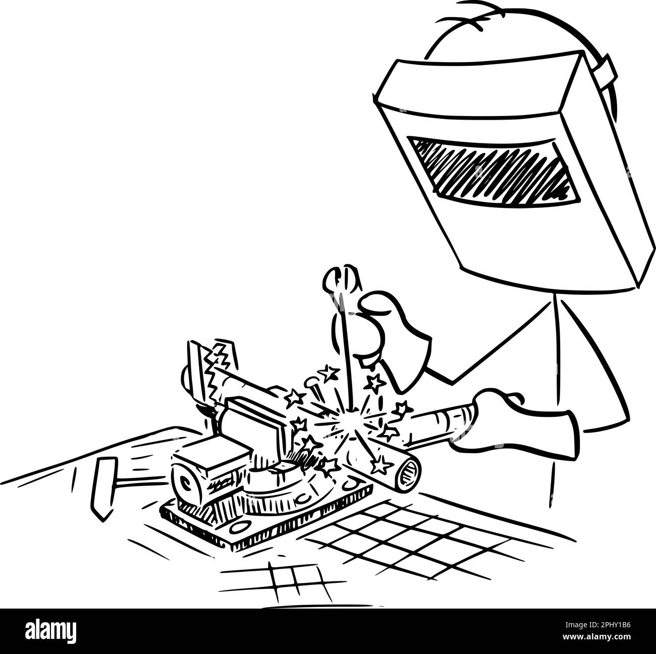 Welder welding metal or iron in or factory, vector cartoon stick figure or character