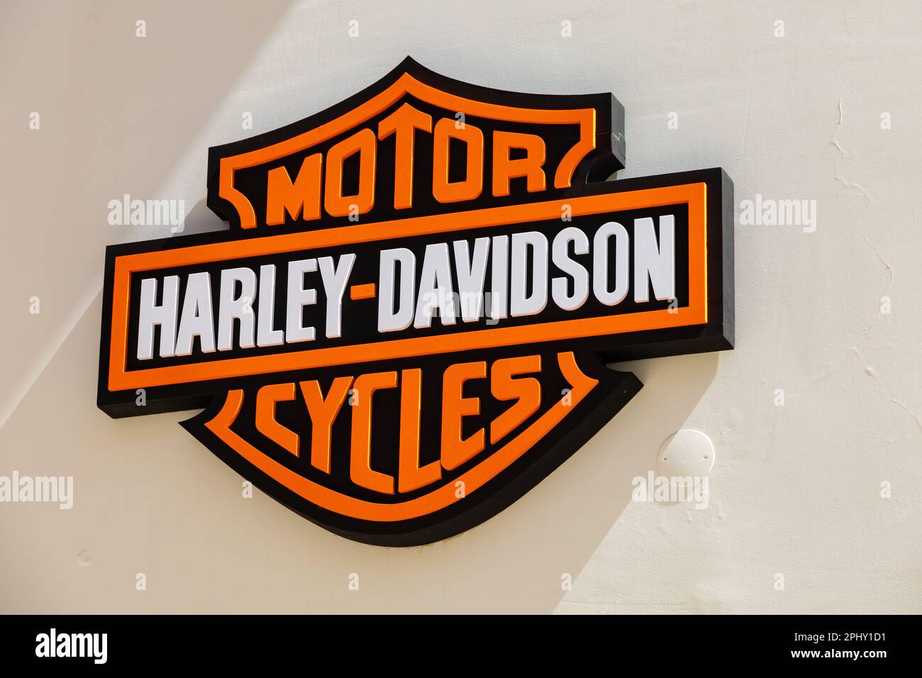 Harley Davidson Cycles sign on dealership wall. Funchal, Madeira, Portugal Stock Photo