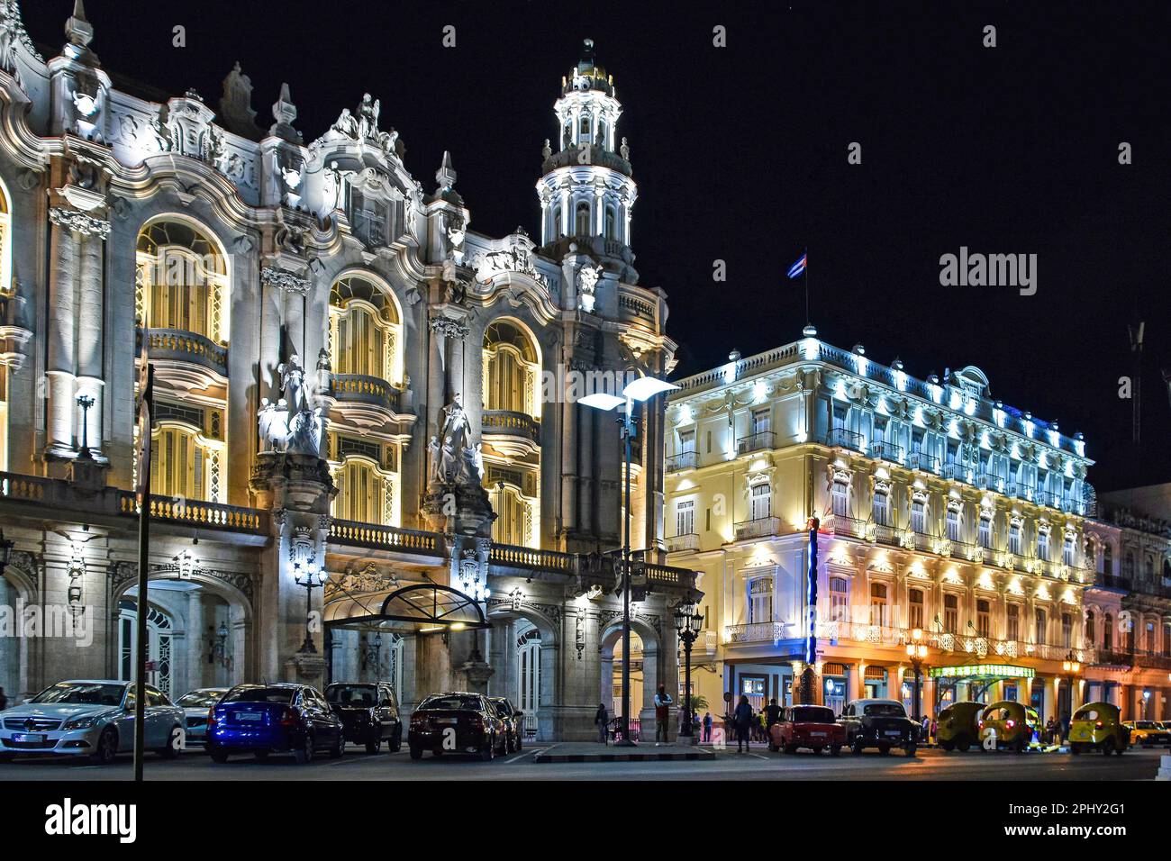 Some preserved buildings in zhe center of Havanna are renovated and illuminate every evening, Cuba, La Habana Stock Photo