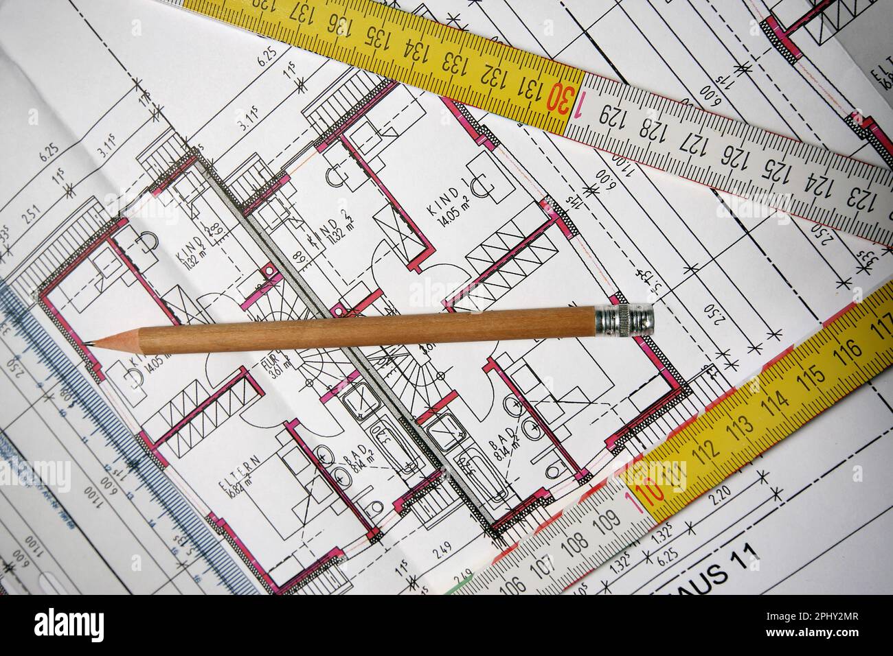 architectural drawing with pencil and folding rule Stock Photo Alamy