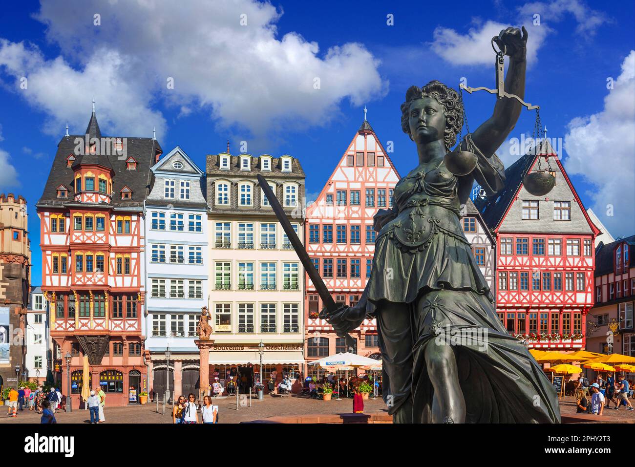 fountain of justice with Justitia in the old city, Europe, Hesselbach, Frankfurt am Main Stock Photo