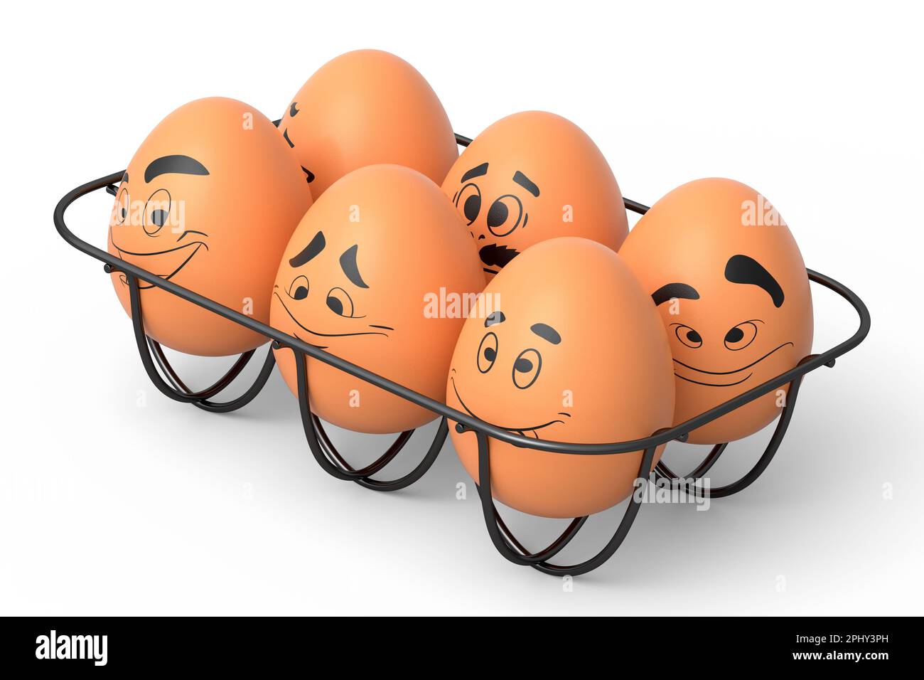 Farm brown painted egg with expressions and funny face in metal wire tray on white background. 3d render of Easter eggs template design for greeting a Stock Photo