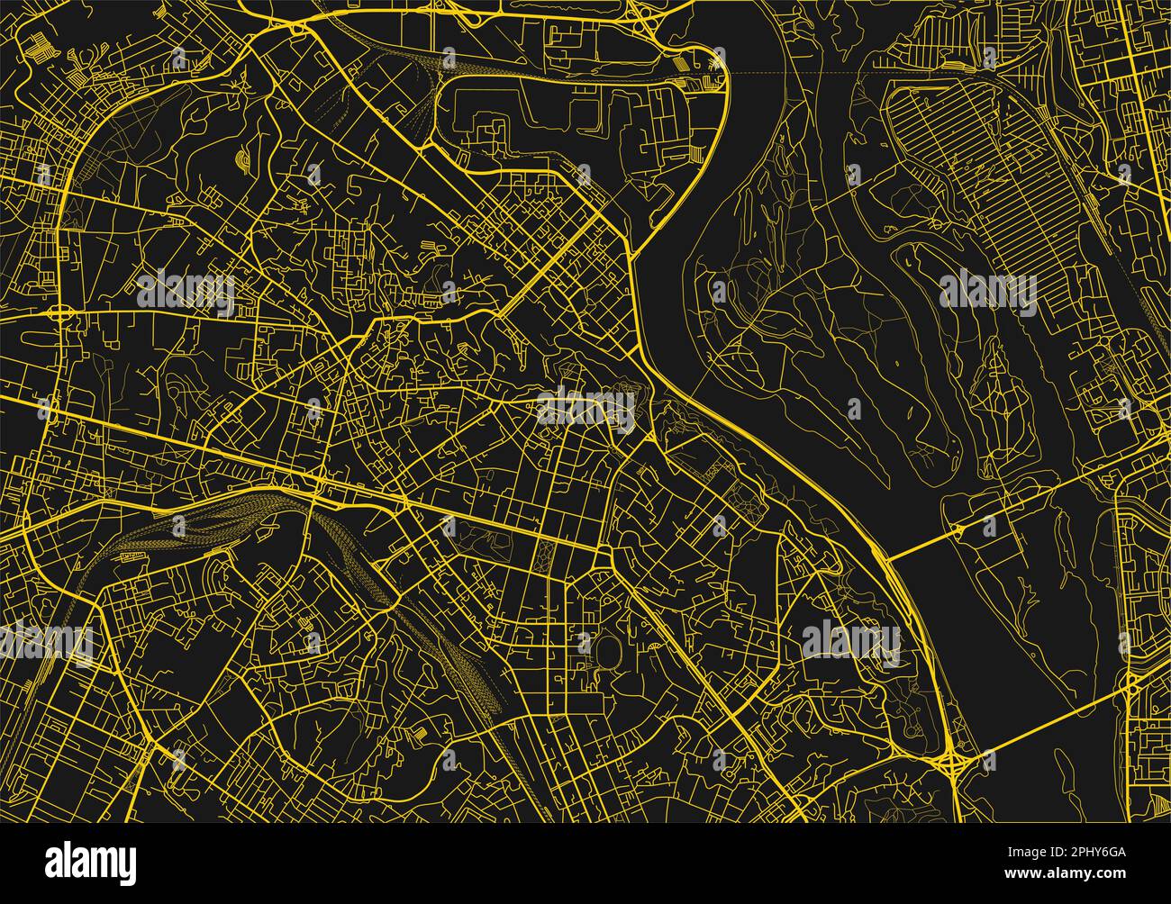 Black and yellow vector city map of Kiev with well organized separated layers. Stock Vector