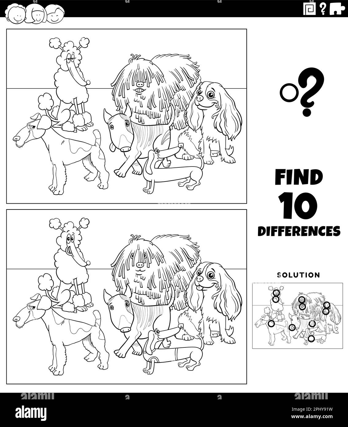 Black and white cartoon illustration of finding the differences between pictures educational game with purebred dogs animal characters coloring page Stock Vector