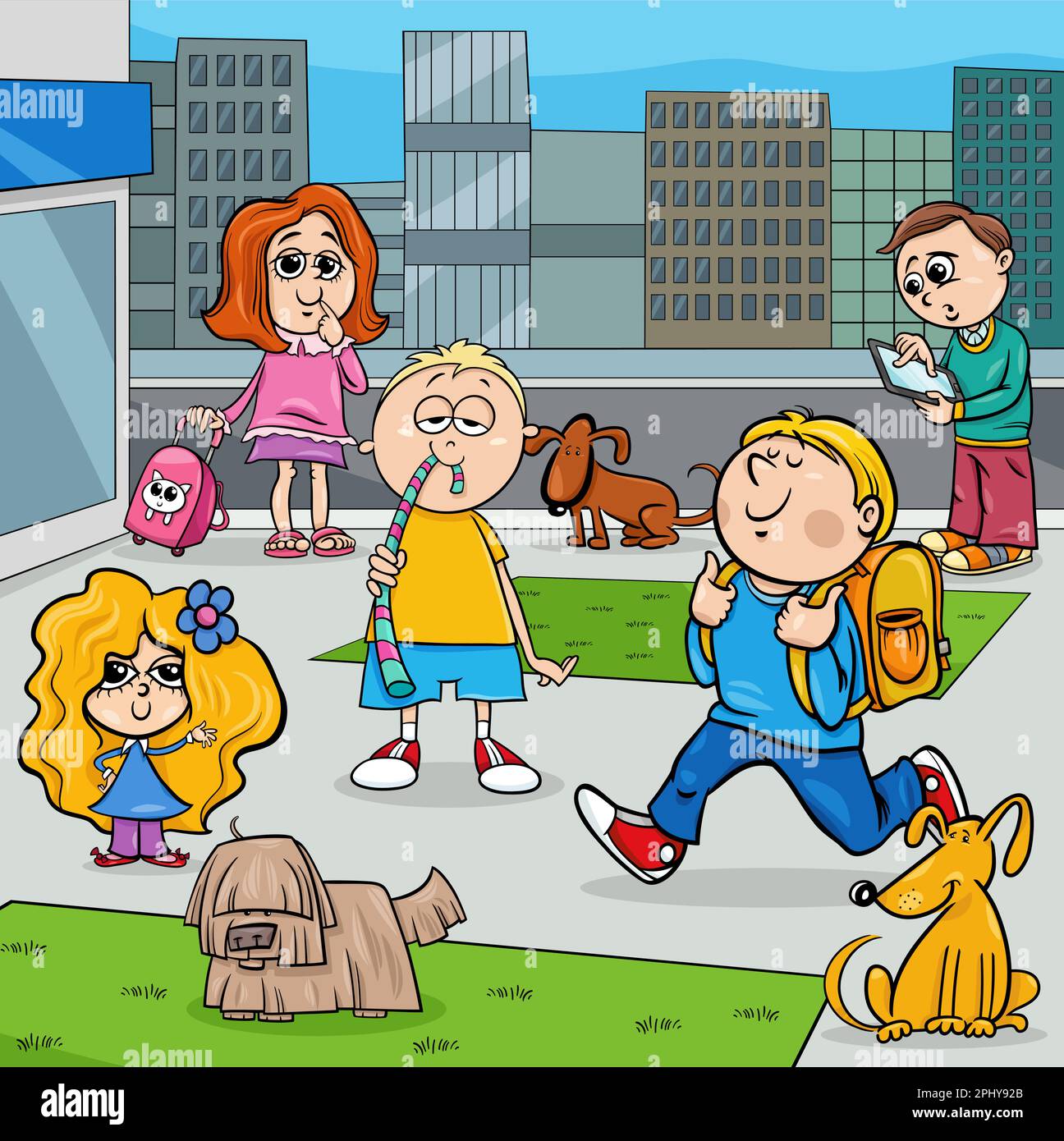 Cartoon illustration of children characters group in the city square Stock Vector