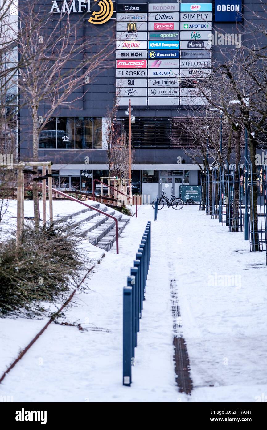 Sandnes, Norway, March 12 2023, AMFI Shopping Mall Entrance Downtown Sandnes With Snow Covered Pathway And No People Stock Photo