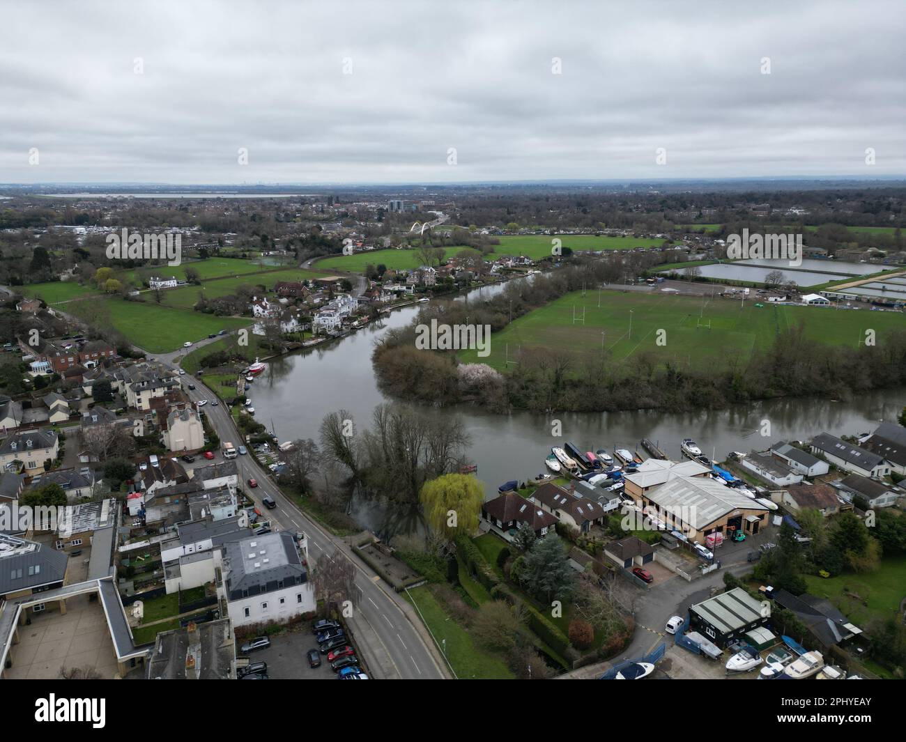 River Thames Shepperton Surrey UK drone aerial view Stock Photo