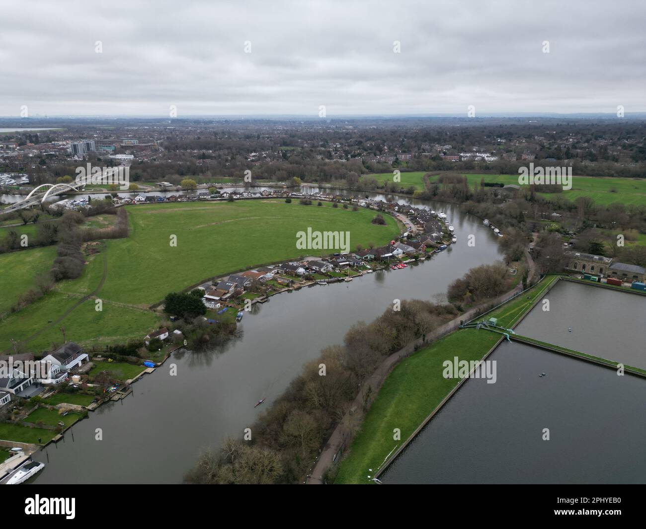 Riverside houses on River Thames Shepperton Surrey UK drone aerial view Stock Photo