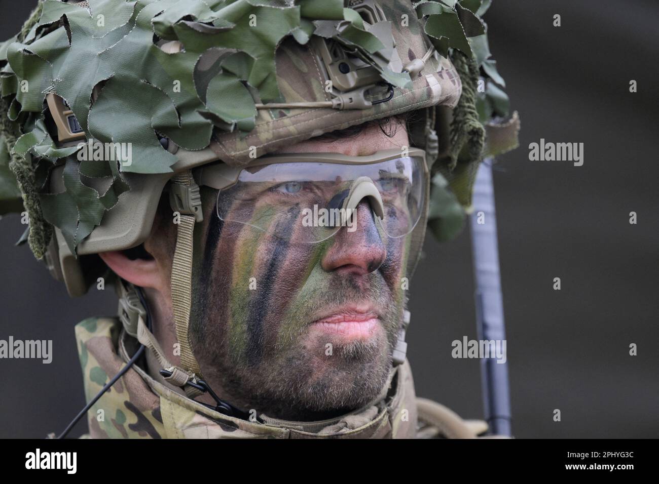 A Danish soldier looks on, as Dynamic Front military exercise led by