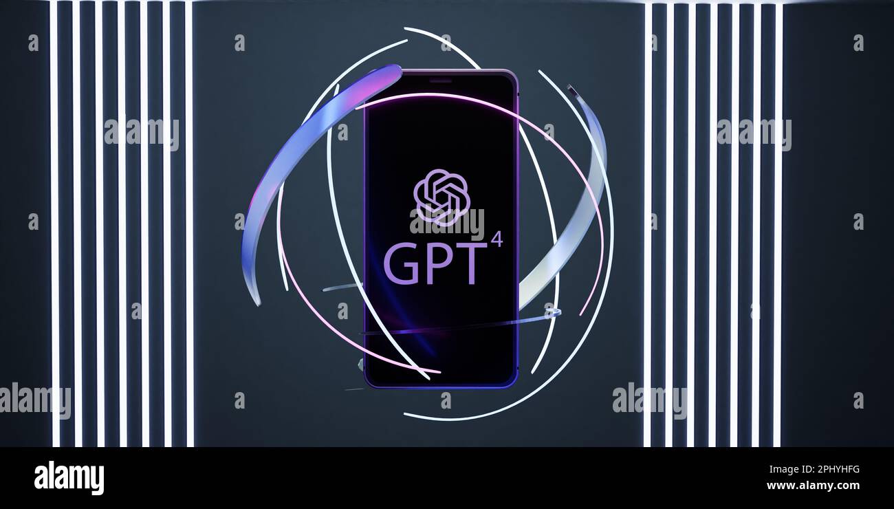 Minsk, Belarus, 30 March 2023: Phone with Chat GPT 4 of Open AI logo in