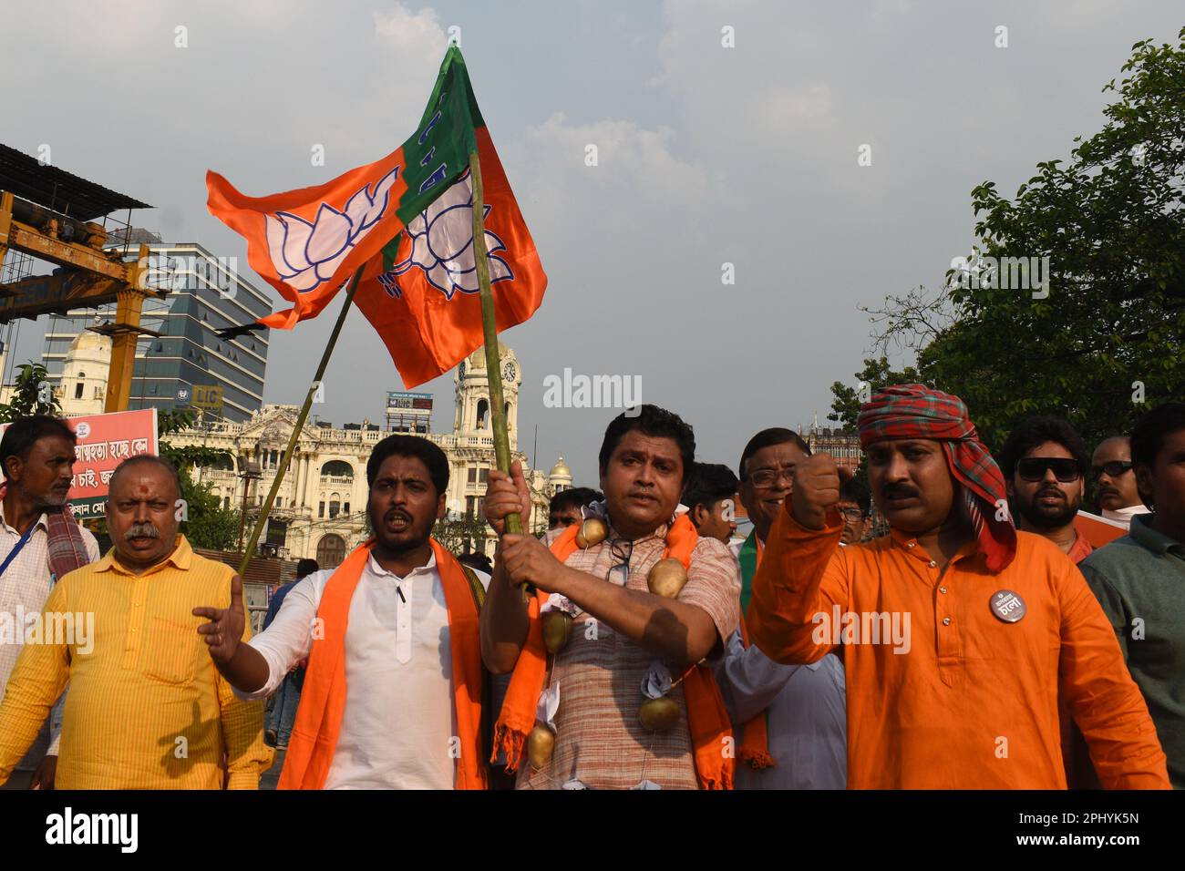 Kolkata, W.B, India. 29th Mar, 2023. Activists of India's ruling party Bharatiya Janata Party (BJP) protested in Kolkata to demonstrate against farmer suicides across the state, demanding higher remunerative prices for potatoes and other crops and against the black market of Fertilisers. (Credit Image: © Sayantan Chakraborty/Pacific Press via ZUMA Press Wire) EDITORIAL USAGE ONLY! Not for Commercial USAGE! Stock Photo
