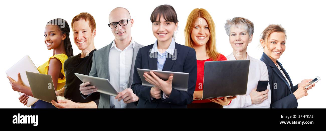 Business employees use computer and smartphone technology for their ...