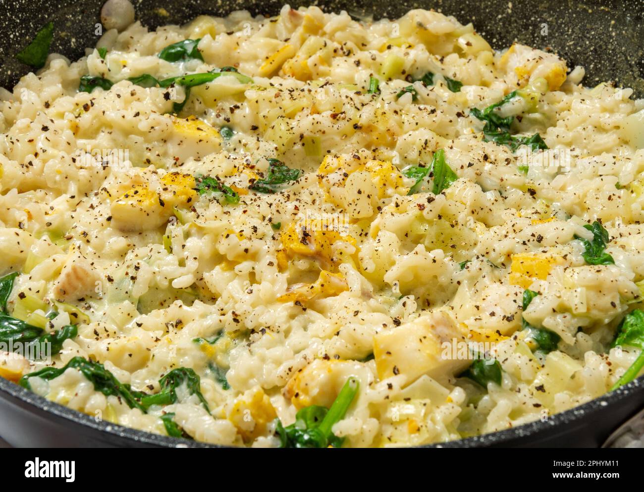 Smoked haddock and leek risotto, close up Stock Photo Alamy