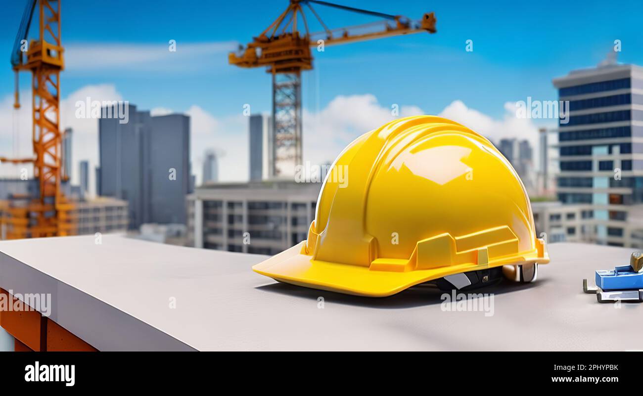 One yellow hard hat construction site with new construction building