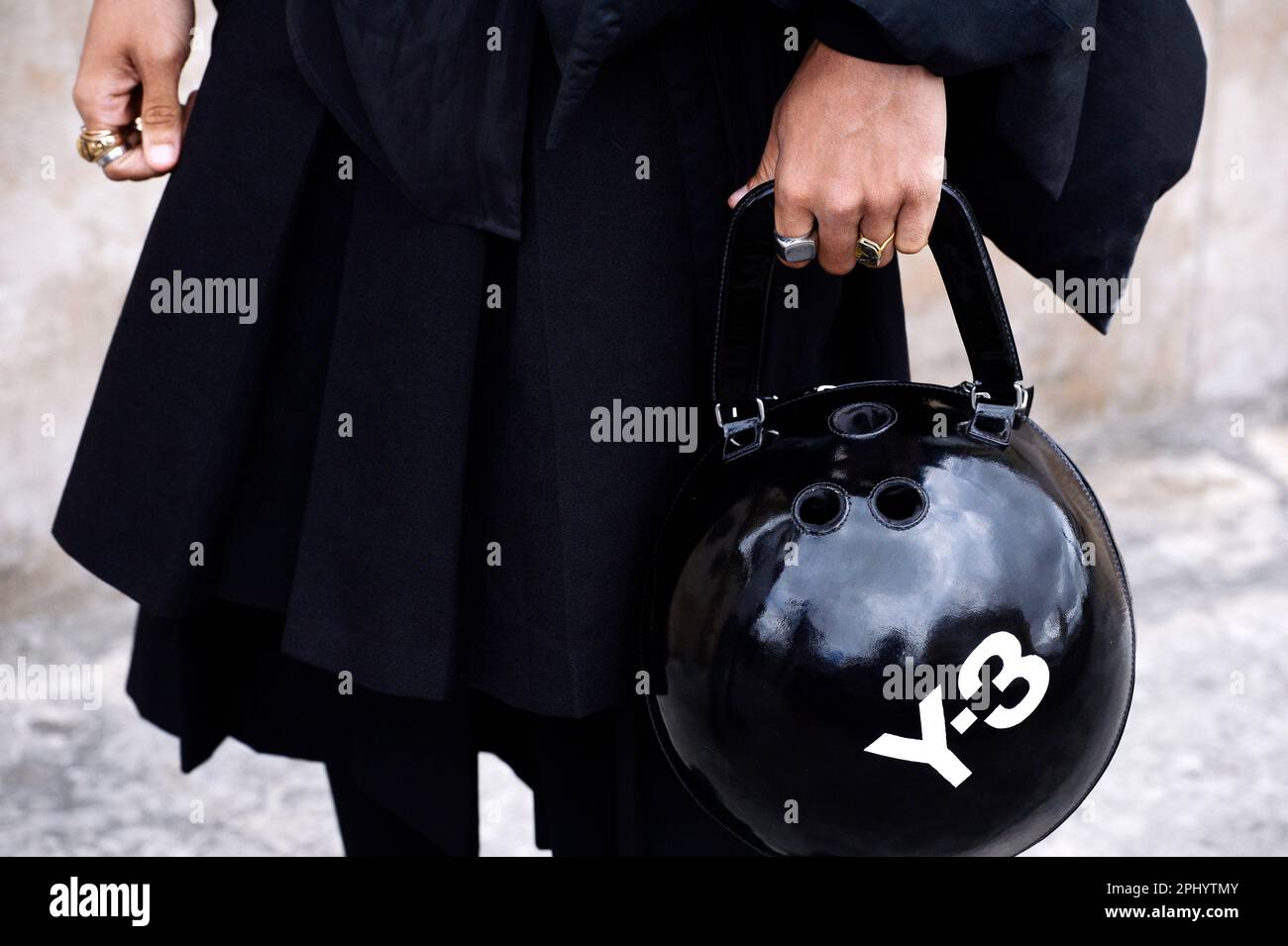 Y-3 Bowling ball bag on a guest - Streetstyle at Paris Fashion