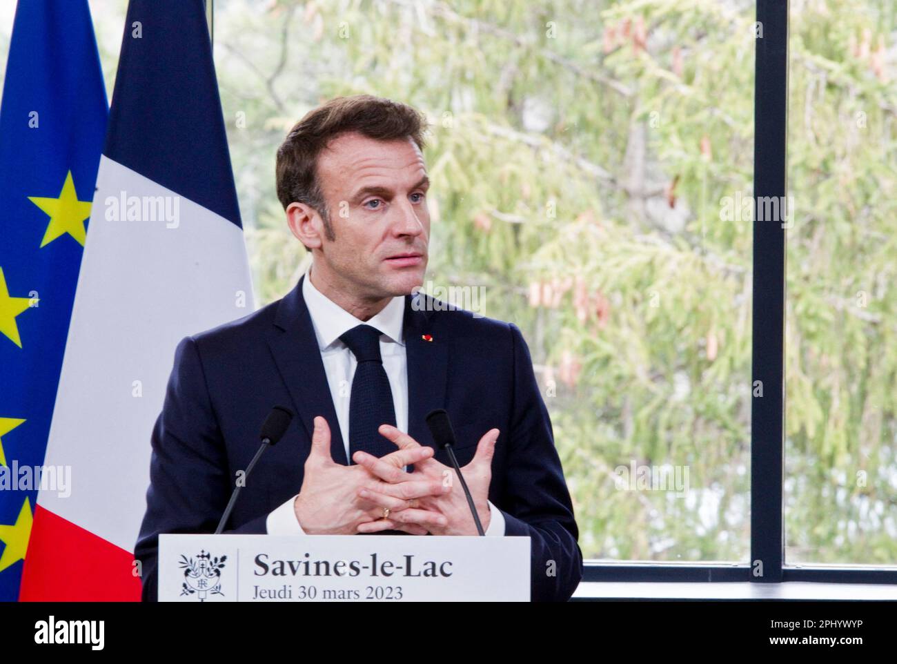 Paris, France. 30th Mar, 2023. French President Emmanuel Macron during a meeting with local officials as part of a visit in Savines-Le-Lac, southeastern France, on March 30, 2023, to present the water plan. Emmanuel Macron reaffirmed on March 30, 2023 the usefulness of artificial water storage for farmers, such as that of Sainte-Soline where very violent clashes took place on Saturday, but proposed that the next ones take better account of the scarcity of water. Photo by Thibaut Durand/ABACAPRESS.COM Credit: Abaca Press/Alamy Live News Stock Photo