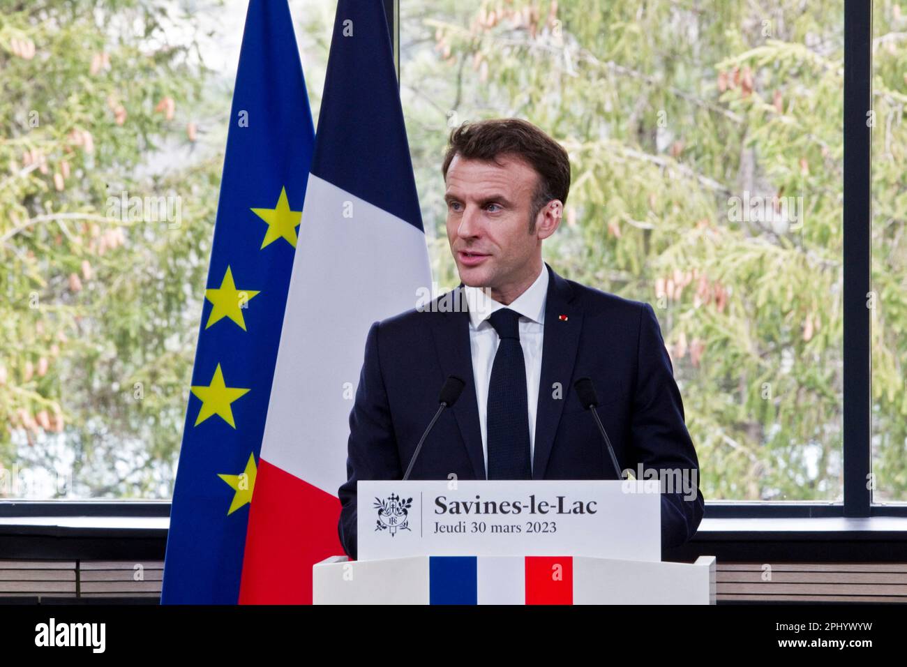 Paris, France. 30th Mar, 2023. French President Emmanuel Macron during a meeting with local officials as part of a visit in Savines-Le-Lac, southeastern France, on March 30, 2023, to present the water plan. Emmanuel Macron reaffirmed on March 30, 2023 the usefulness of artificial water storage for farmers, such as that of Sainte-Soline where very violent clashes took place on Saturday, but proposed that the next ones take better account of the scarcity of water. Photo by Thibaut Durand/ABACAPRESS.COM Credit: Abaca Press/Alamy Live News Stock Photo