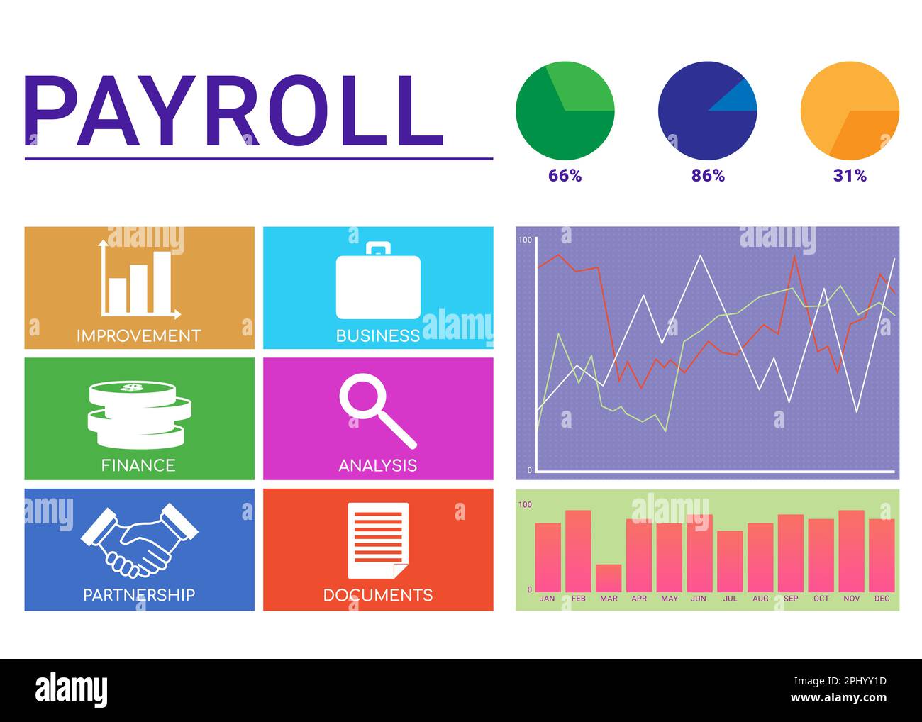 Payroll concept. Illustration of business icons, graphs and circle ...