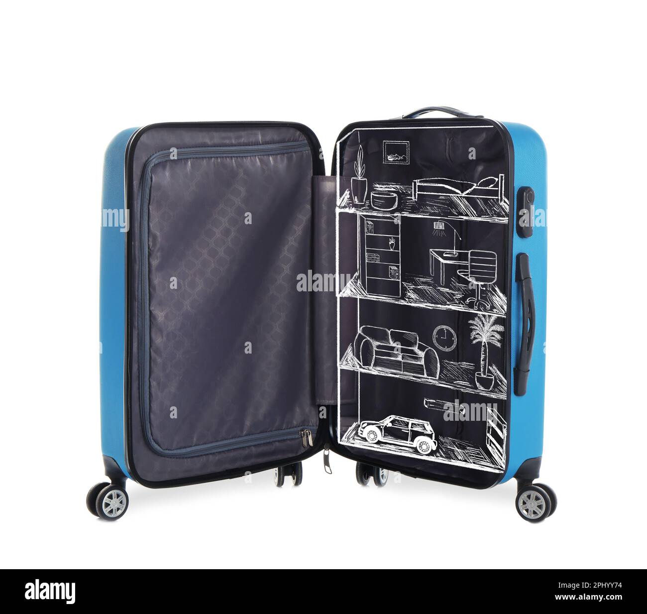 Open turquoise suitcase with drawing of different room interiors on