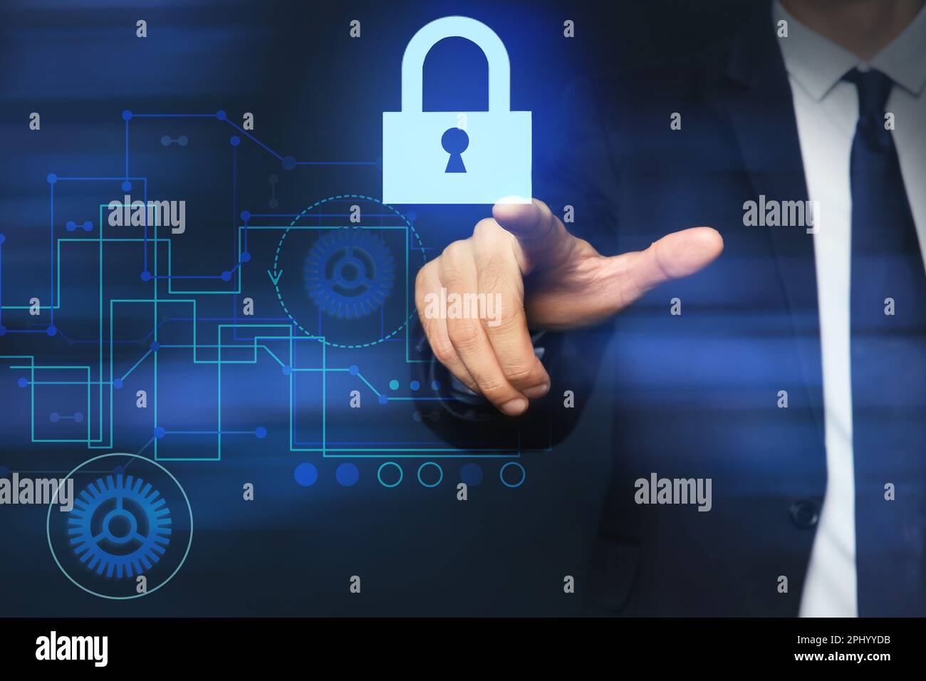 Cyber security concept. Man pointing at virtual screen with padlock ...