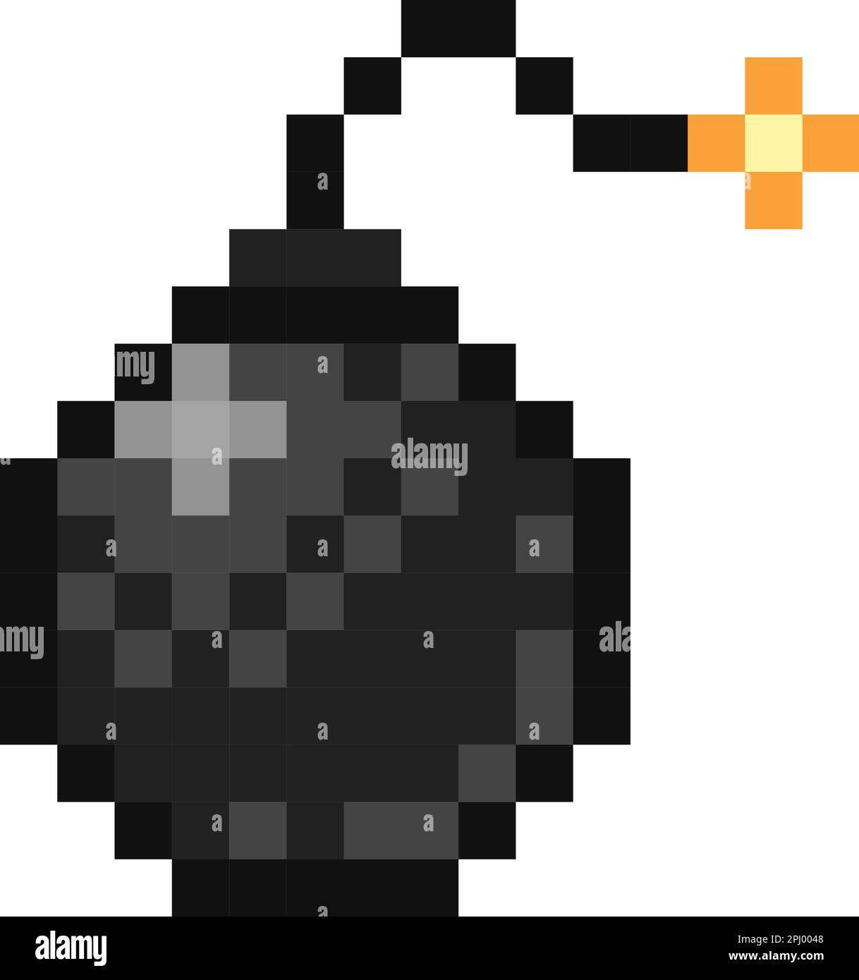 Black bomb pixel art. Flaming cannonball retro game style logo. Vector illustration Stock Vector