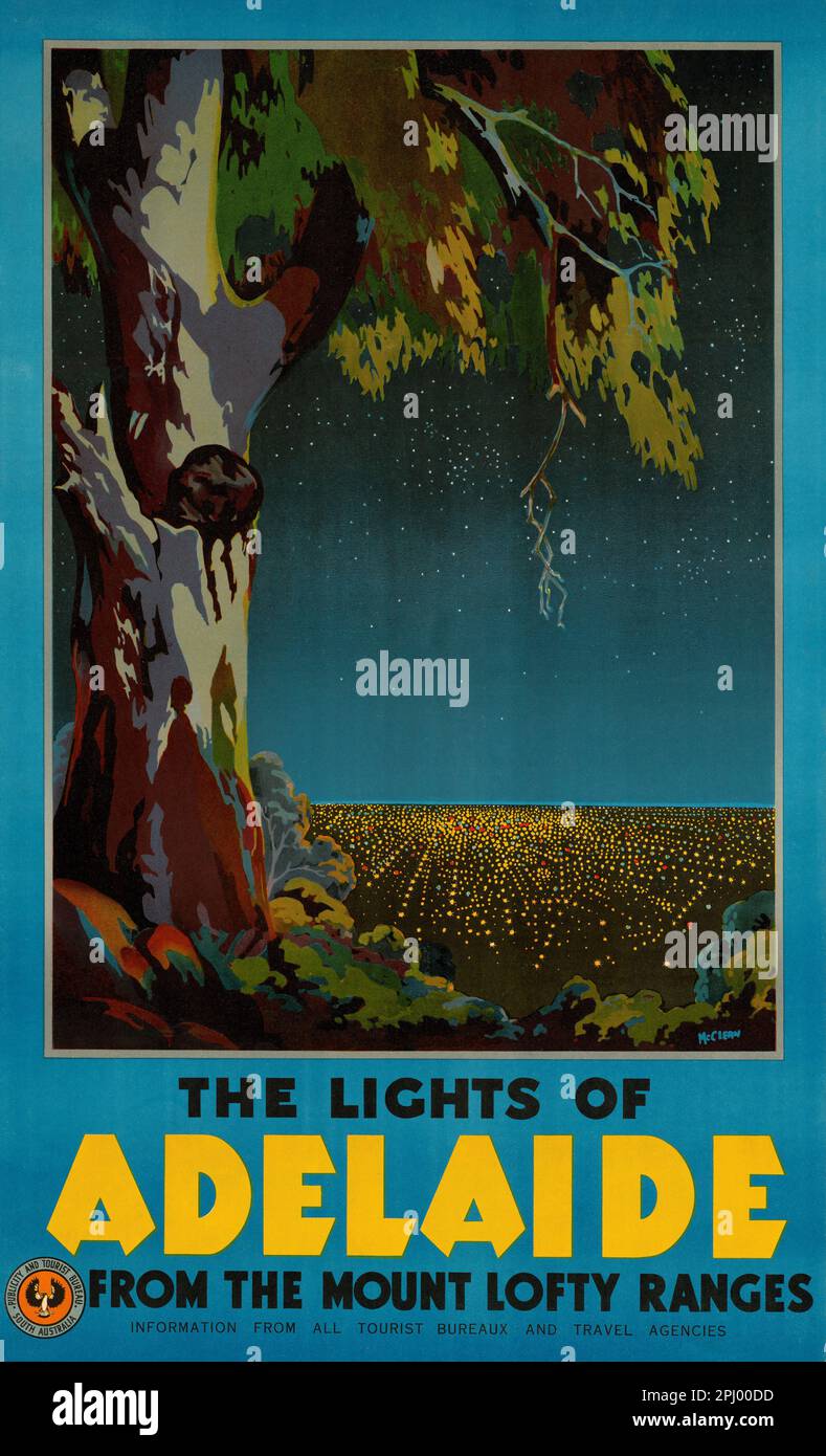The lights of Adelaide from the Mount Lofty Ranges. Information from all tourist bureaux and travel agencies by McClean (dates unknown). Poster published in 1935 in Australia. Stock Photo