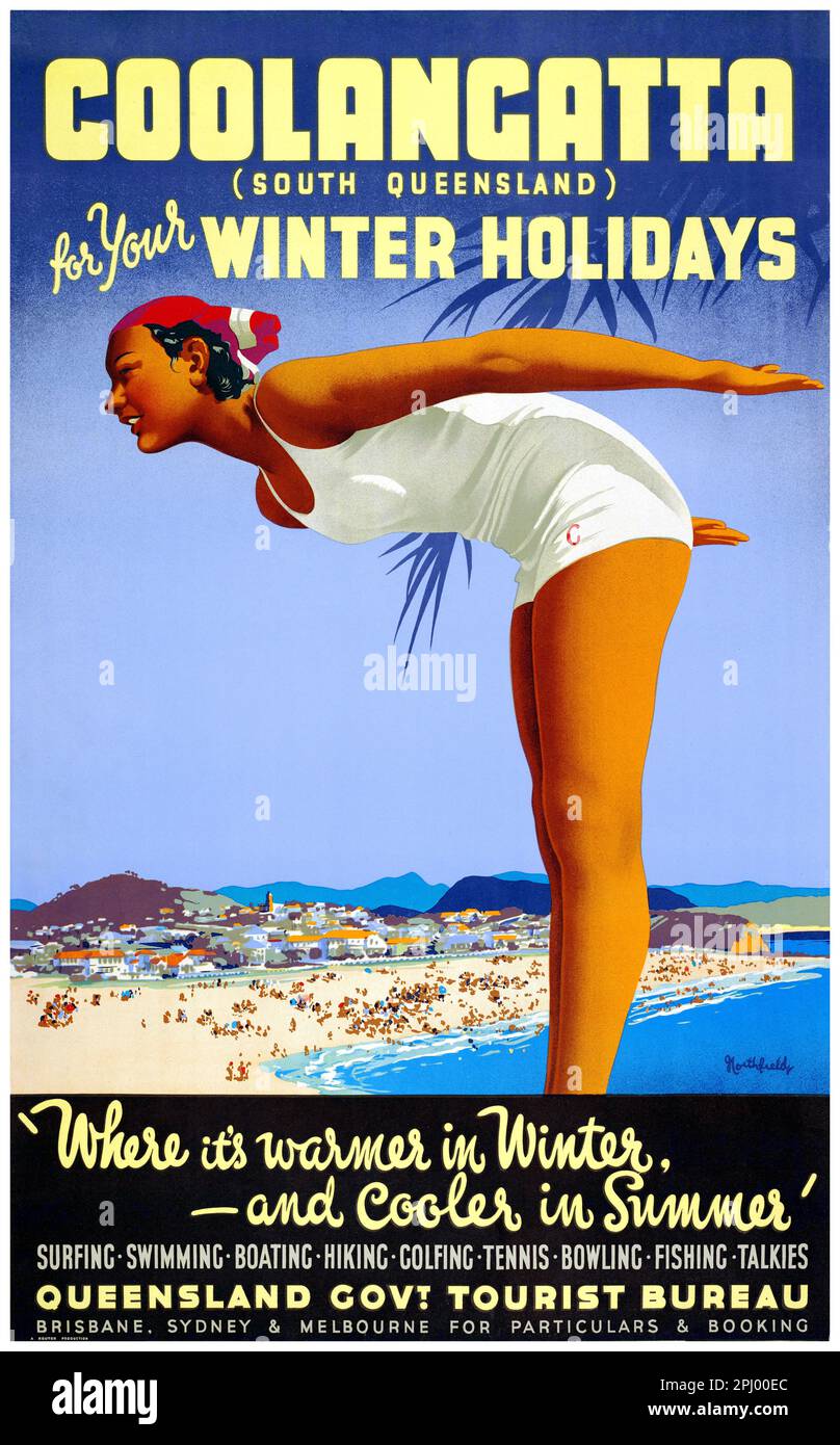 Coolangatta (South Queensland) for your winter holidays by James Northfield (1887-1973). Poster published in 1938 in Australia. Stock Photo