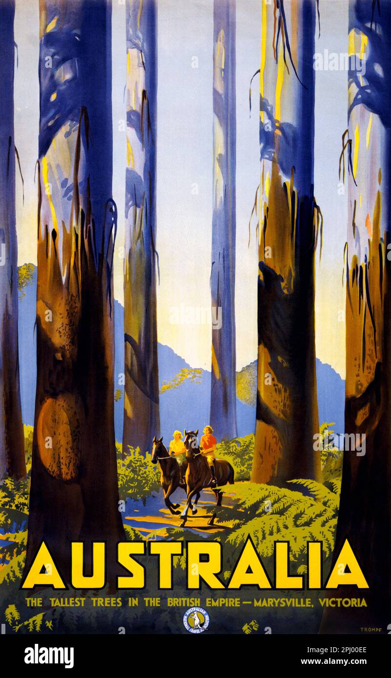 Australia. Talles trees in the British Empire - Marysville, Victoria by Percy Trompf (1902-1964). Poster published in 1936. Stock Photo